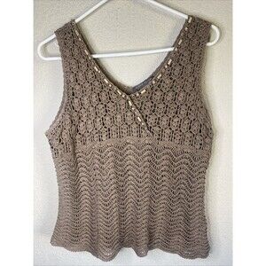 Sigrid OLsen Silk Linen Knit tank Wood Bead Vneck Boho lagen Large Beach